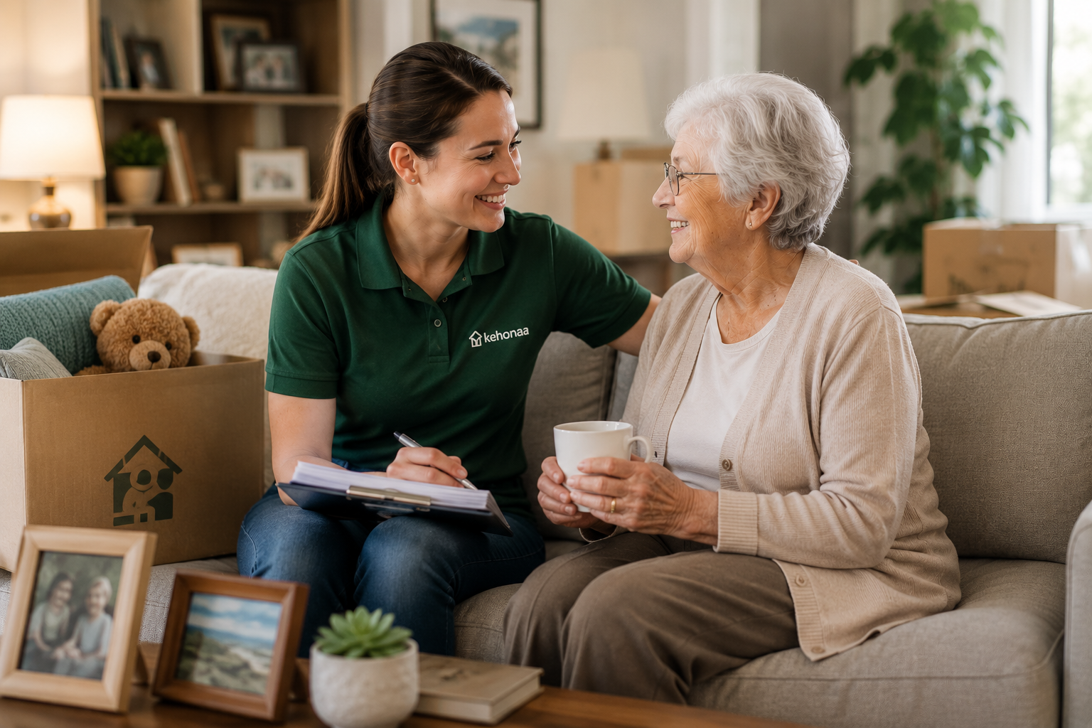 Senior move specialist helping elderly woman organize belongings